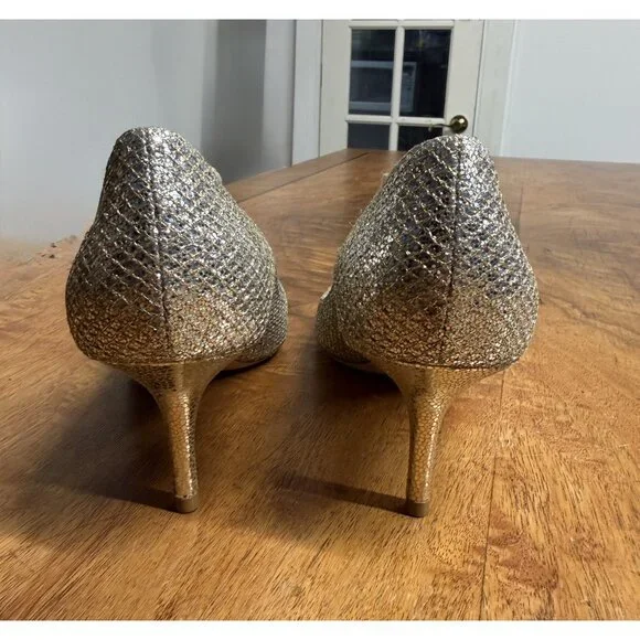 Jimmy Choo Women’s 37.5 ISABEL Champagne Glitter Fabric Open Toe Pump Shoe - Picture 3 of 8